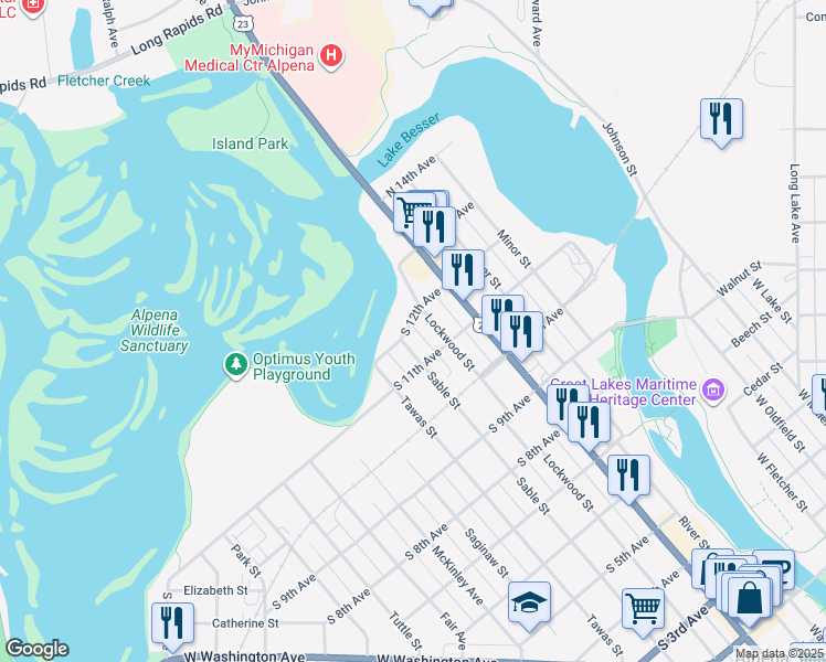 map of restaurants, bars, coffee shops, grocery stores, and more near 204 South 12th Avenue in Alpena