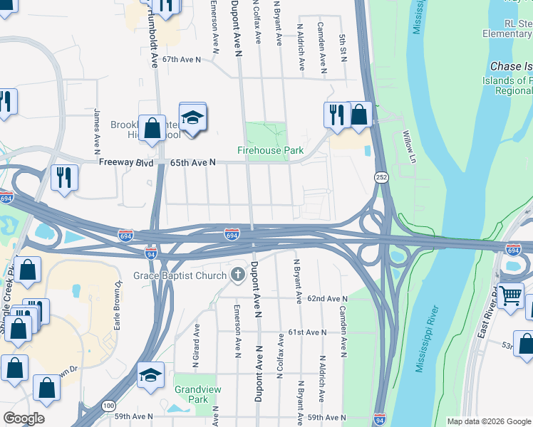 map of restaurants, bars, coffee shops, grocery stores, and more near 6330 North Colfax Avenue in Minneapolis