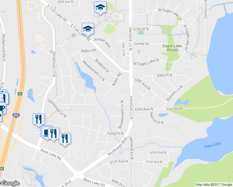 map of restaurants, bars, coffee shops, grocery stores, and more near 12080 64th Avenue North in Maple Grove