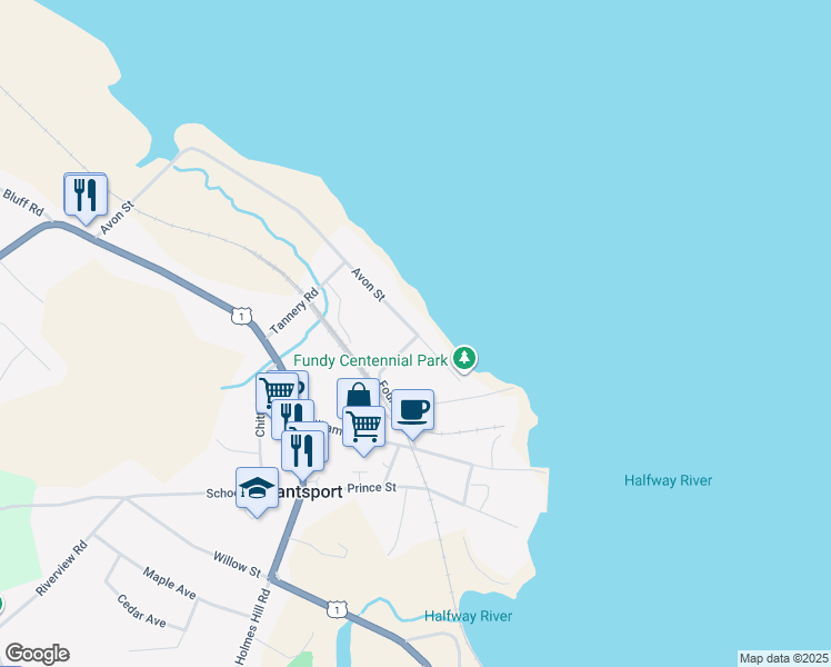 map of restaurants, bars, coffee shops, grocery stores, and more near 17 Avon Street in Hantsport