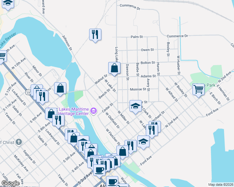 map of restaurants, bars, coffee shops, grocery stores, and more near 298 Long Lake Avenue in Alpena