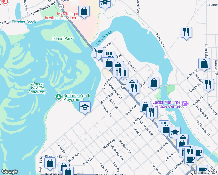 map of restaurants, bars, coffee shops, grocery stores, and more near 204-298 South 12th Avenue in Alpena
