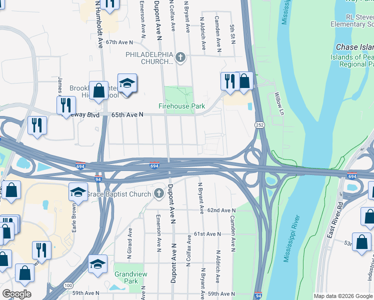 map of restaurants, bars, coffee shops, grocery stores, and more near 6330 North Colfax Avenue in Minneapolis