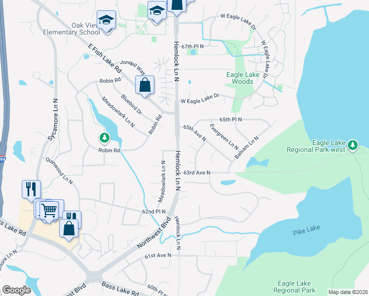 map of restaurants, bars, coffee shops, grocery stores, and more near 11875 64th Avenue North in Maple Grove