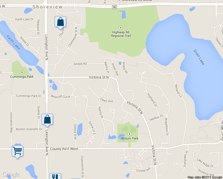 map of restaurants, bars, coffee shops, grocery stores, and more near 883 Colleen Avenue in Shoreview