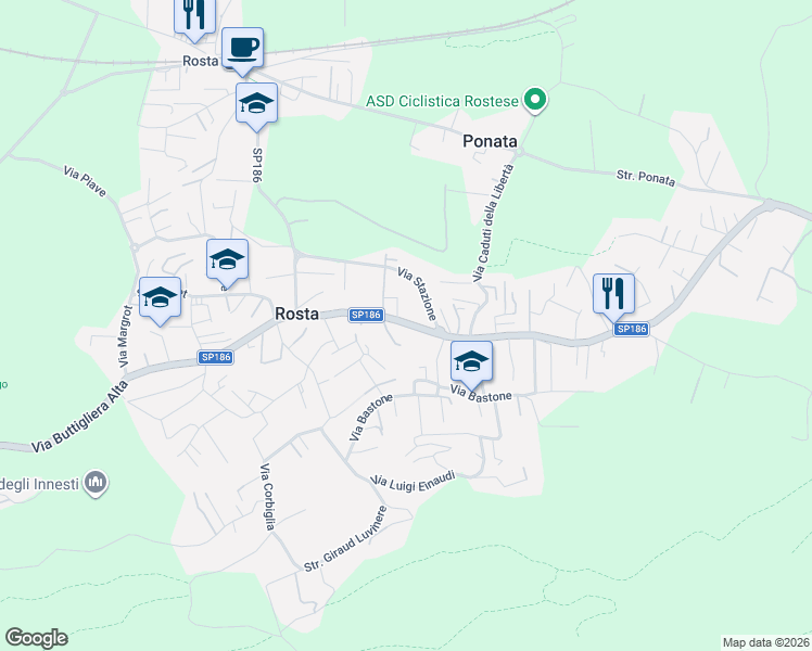 map of restaurants, bars, coffee shops, grocery stores, and more near 42 Via Rivoli in Rosta