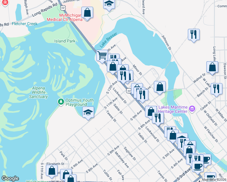 map of restaurants, bars, coffee shops, grocery stores, and more near 204-298 South 12th Avenue in Alpena