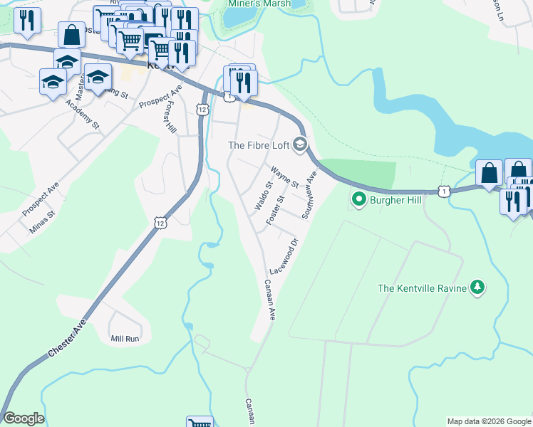 map of restaurants, bars, coffee shops, grocery stores, and more near 2 Foster Street in Kentville