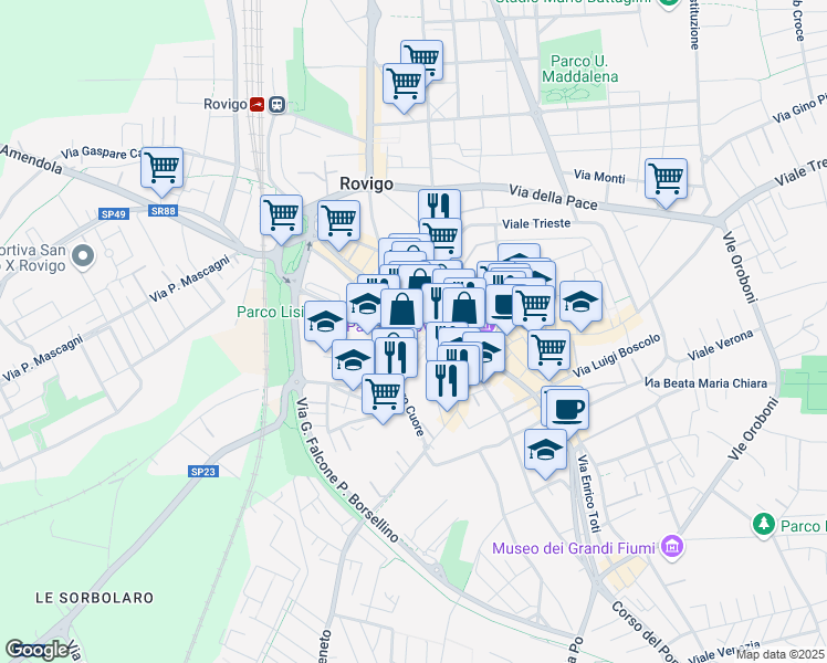 map of restaurants, bars, coffee shops, grocery stores, and more near 4 Via Marcello Grimani in Rovigo