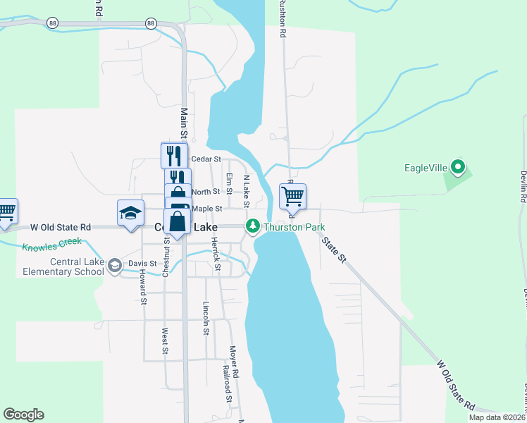 map of restaurants, bars, coffee shops, grocery stores, and more near 7786 West Old State Road in Central Lake