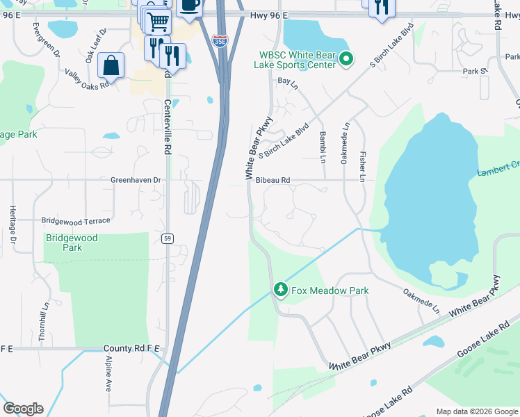 map of restaurants, bars, coffee shops, grocery stores, and more near 1201 Birch Pond Trail in White Bear Lake