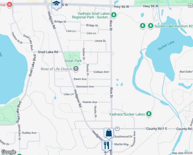 map of restaurants, bars, coffee shops, grocery stores, and more near 218 Dawn Avenue in Shoreview