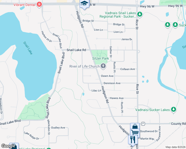 map of restaurants, bars, coffee shops, grocery stores, and more near 324 Dawn Avenue in Shoreview
