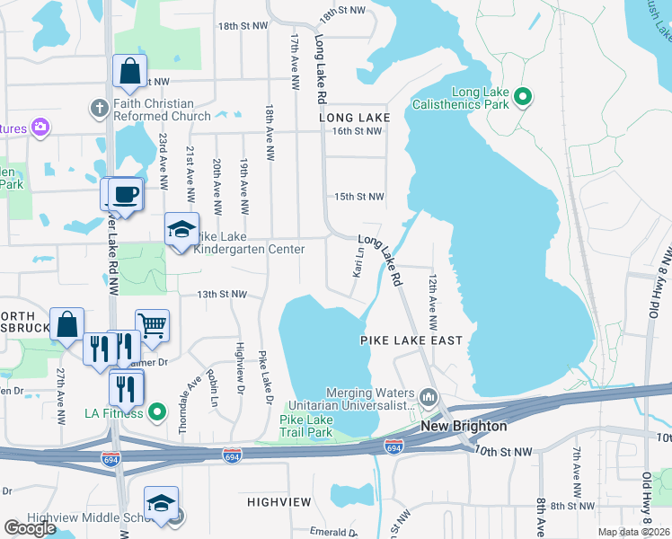 map of restaurants, bars, coffee shops, grocery stores, and more near 1256 16th Avenue Northwest in New Brighton