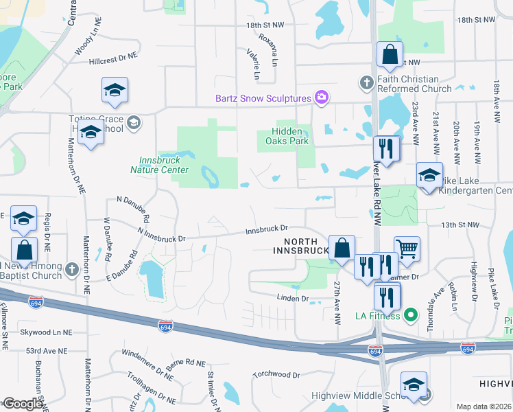map of restaurants, bars, coffee shops, grocery stores, and more near 1324 32nd Avenue Northwest in New Brighton