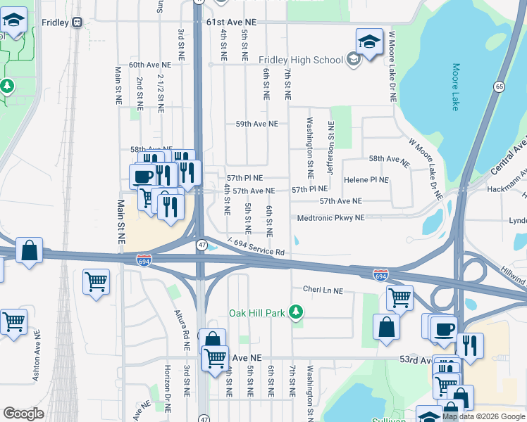 map of restaurants, bars, coffee shops, grocery stores, and more near 5614 6th Street Northeast in Fridley