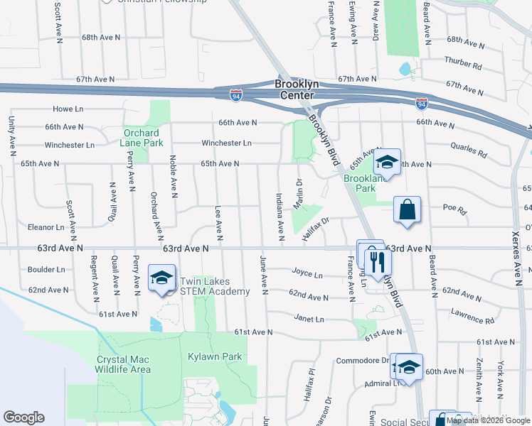 map of restaurants, bars, coffee shops, grocery stores, and more near 6330 June Avenue North in Minneapolis