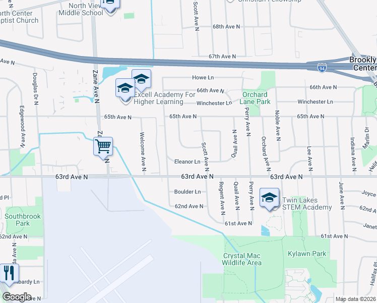 map of restaurants, bars, coffee shops, grocery stores, and more near 5306 Eleanor Lane in Brooklyn Center