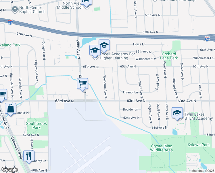 map of restaurants, bars, coffee shops, grocery stores, and more near 6319 Vera Cruz Lane North in Brooklyn Park