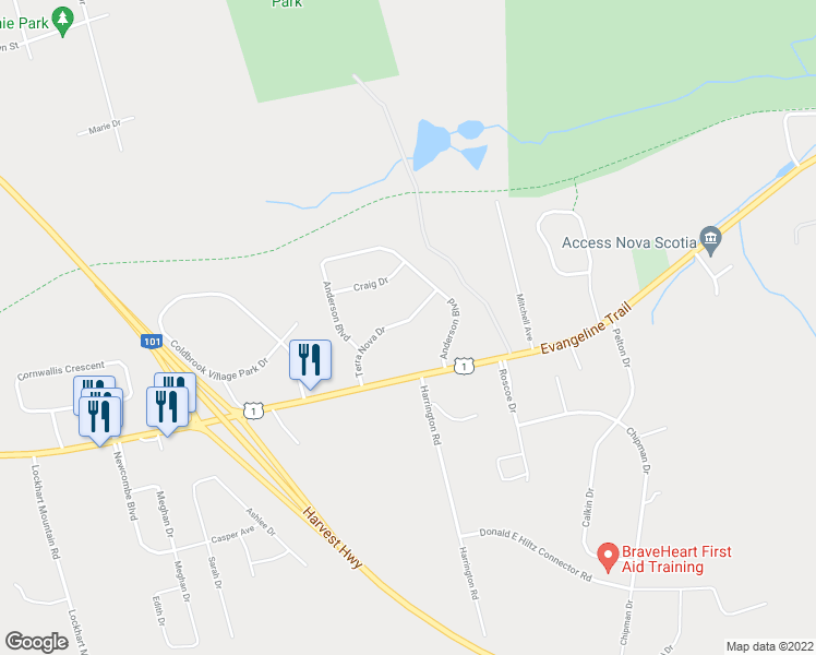 map of restaurants, bars, coffee shops, grocery stores, and more near 95 Terra Nova Drive in Kentville