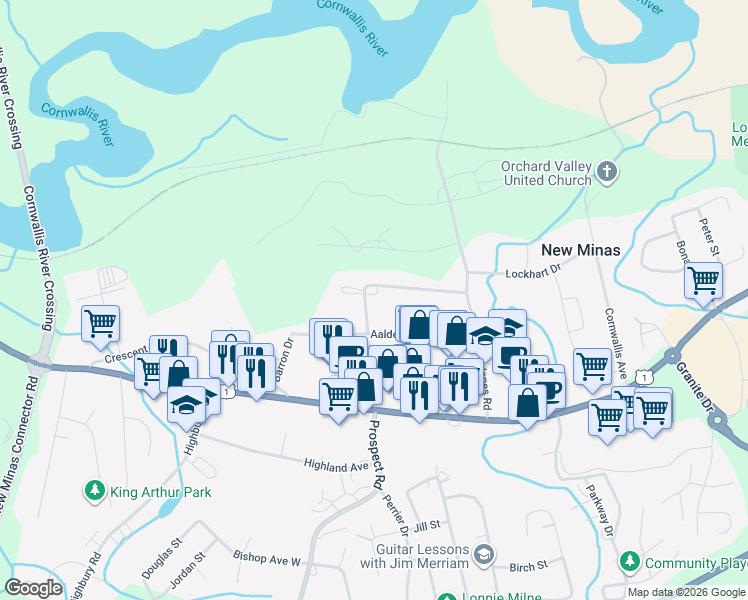 map of restaurants, bars, coffee shops, grocery stores, and more near 1093 Aalders Avenue in New Minas