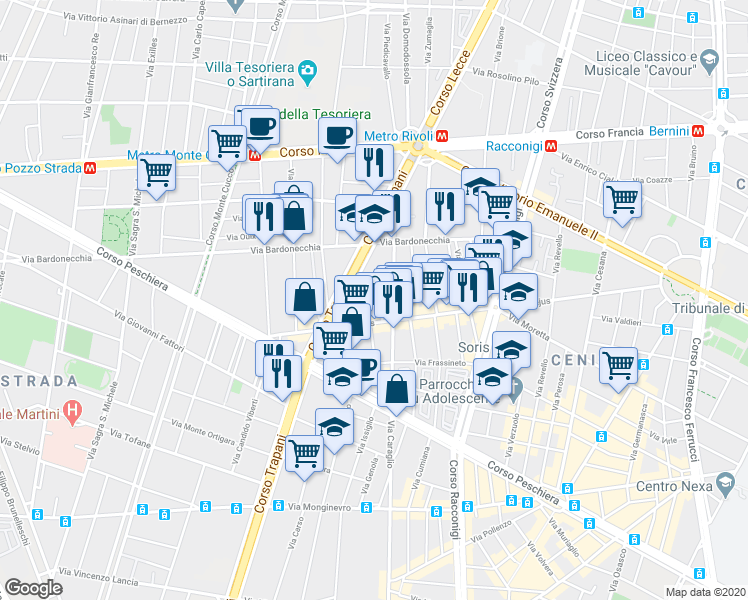map of restaurants, bars, coffee shops, grocery stores, and more near in Turin