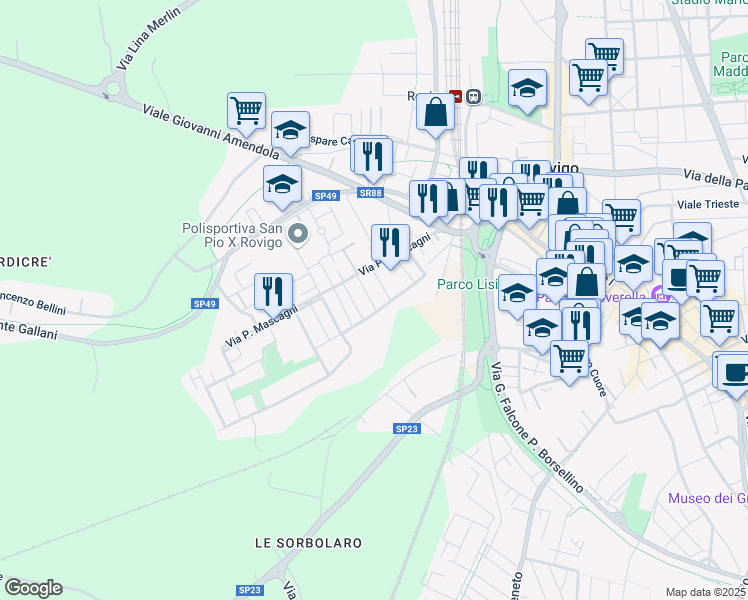 map of restaurants, bars, coffee shops, grocery stores, and more near 19 Via Arturo Toscanini in Rovigo