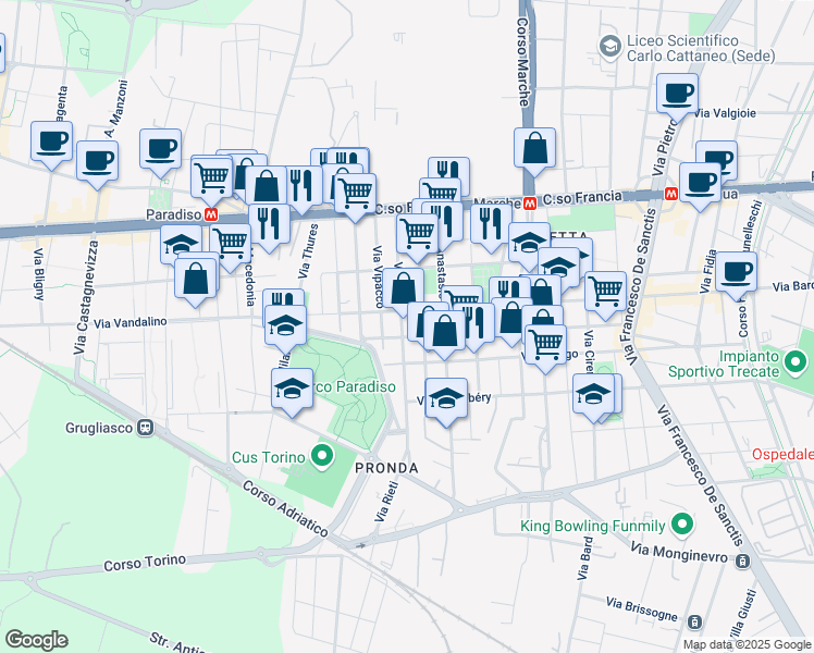 map of restaurants, bars, coffee shops, grocery stores, and more near 45 Via Rieti in Torino