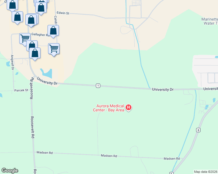 map of restaurants, bars, coffee shops, grocery stores, and more near 3003 University Drive in Marinette