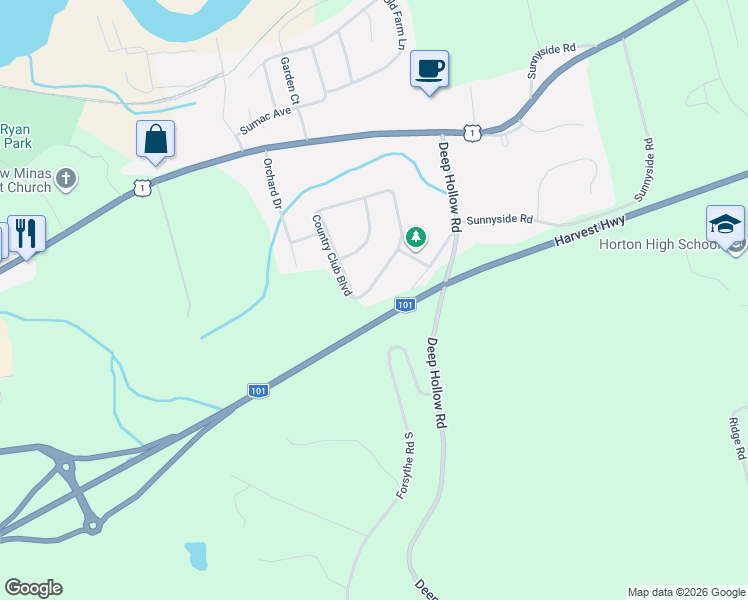 map of restaurants, bars, coffee shops, grocery stores, and more near 1045 Club Crescent in New Minas