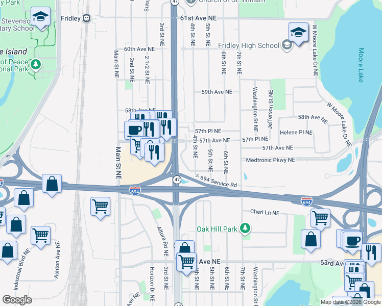 map of restaurants, bars, coffee shops, grocery stores, and more near 5608 4th Street Northeast in Fridley