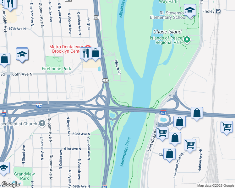 map of restaurants, bars, coffee shops, grocery stores, and more near 6401 Willow Lane in Brooklyn Center