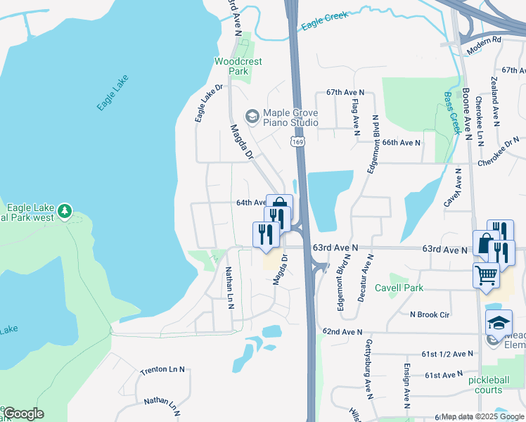map of restaurants, bars, coffee shops, grocery stores, and more near 9755 64th Avenue North in Maple Grove