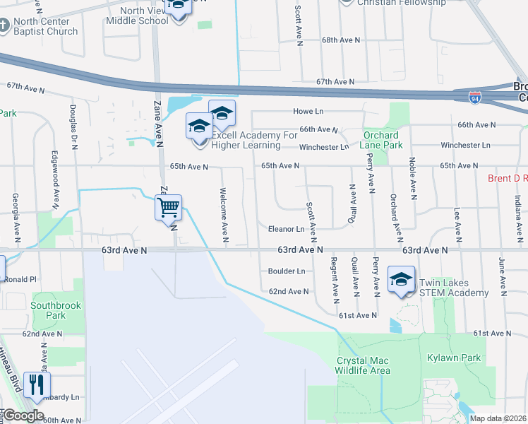 map of restaurants, bars, coffee shops, grocery stores, and more near 6330 Unity Avenue North in Minneapolis