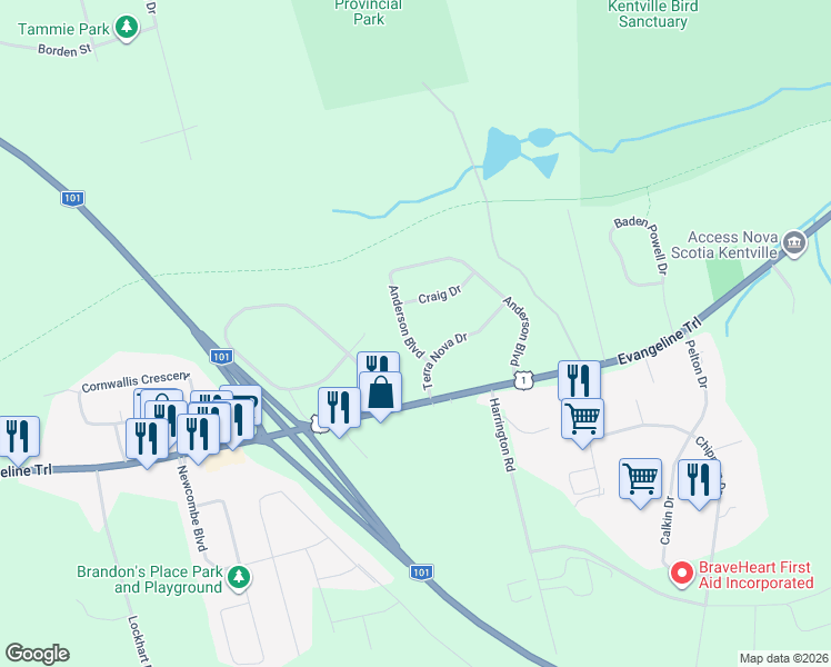map of restaurants, bars, coffee shops, grocery stores, and more near 69 Anderson Boulevard in Kentville
