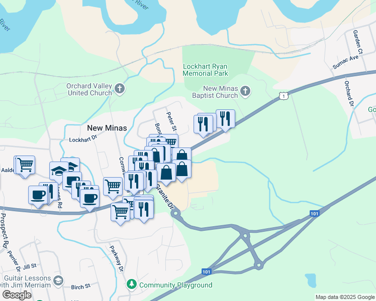 map of restaurants, bars, coffee shops, grocery stores, and more near 9358 Commercial Street in New Minas