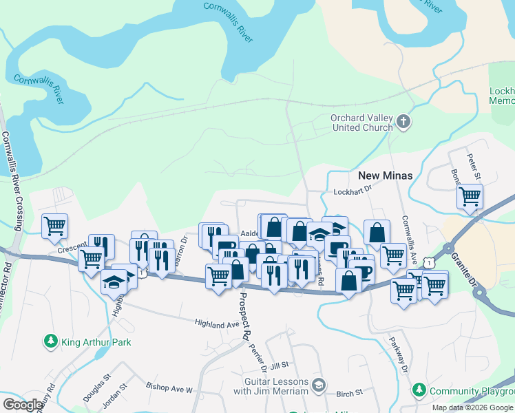 map of restaurants, bars, coffee shops, grocery stores, and more near 1134 Aalders Avenue in New Minas