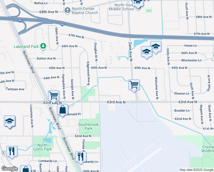 map of restaurants, bars, coffee shops, grocery stores, and more near 6124 64th Avenue North in Minneapolis
