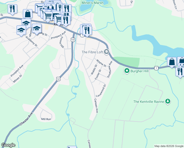 map of restaurants, bars, coffee shops, grocery stores, and more near Waldo Street in Kentville
