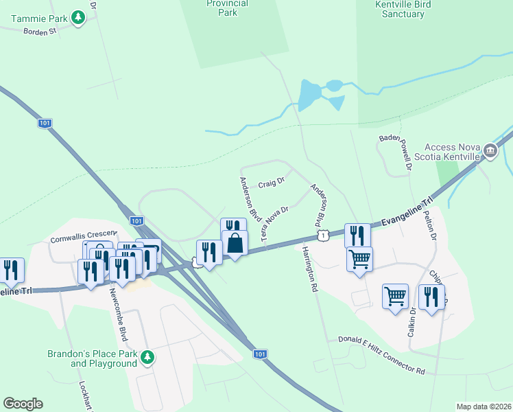 map of restaurants, bars, coffee shops, grocery stores, and more near 69 Anderson Boulevard in Kentville