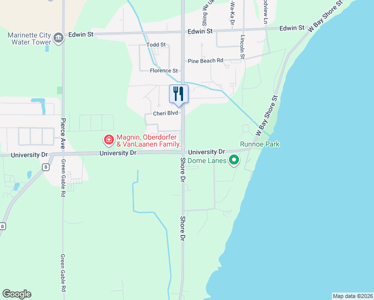 map of restaurants, bars, coffee shops, grocery stores, and more near 3045 Shore Drive in Marinette