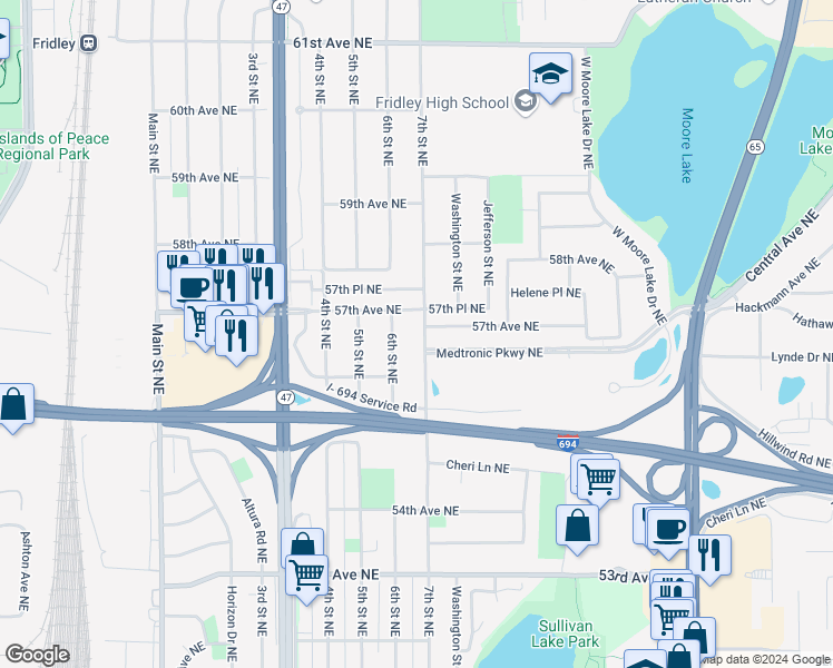 map of restaurants, bars, coffee shops, grocery stores, and more near 5612 7th Street Northeast in Fridley