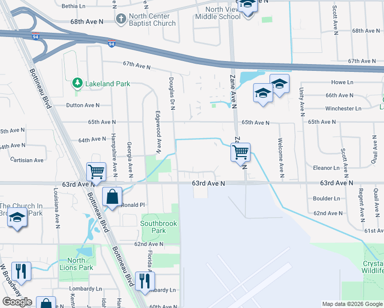 map of restaurants, bars, coffee shops, grocery stores, and more near 6124 64th Avenue North in Minneapolis