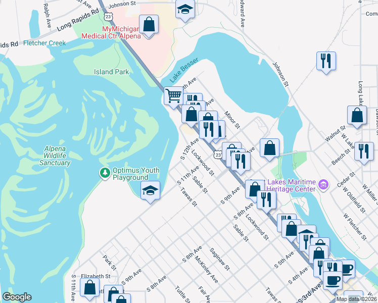 map of restaurants, bars, coffee shops, grocery stores, and more near 204-298 South 12th Avenue in Alpena
