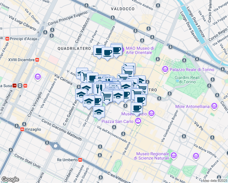map of restaurants, bars, coffee shops, grocery stores, and more near 22 Via Pietro Micca in Torino