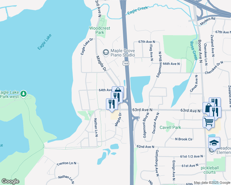 map of restaurants, bars, coffee shops, grocery stores, and more near 9755 64th Avenue North in Maple Grove