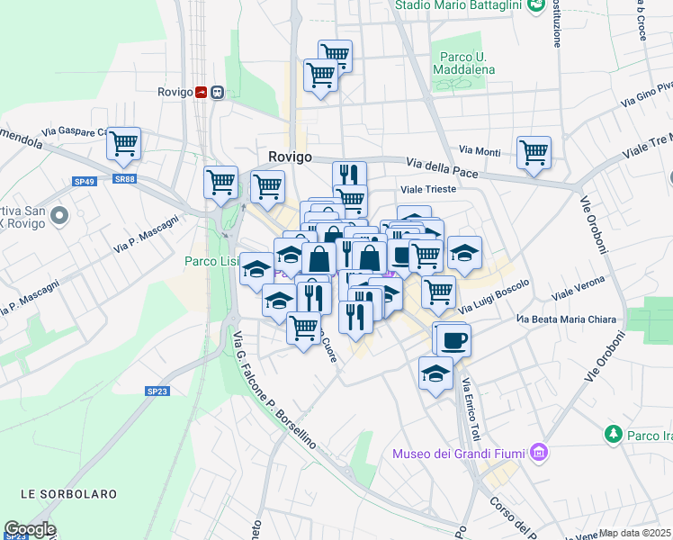 map of restaurants, bars, coffee shops, grocery stores, and more near 4 Via Marcello Grimani in Rovigo
