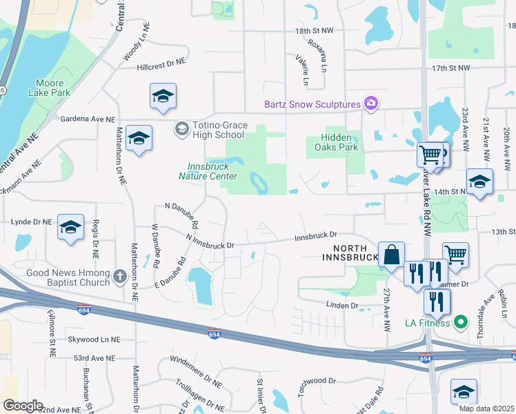 map of restaurants, bars, coffee shops, grocery stores, and more near 1601 North Innsbruck Drive in Fridley