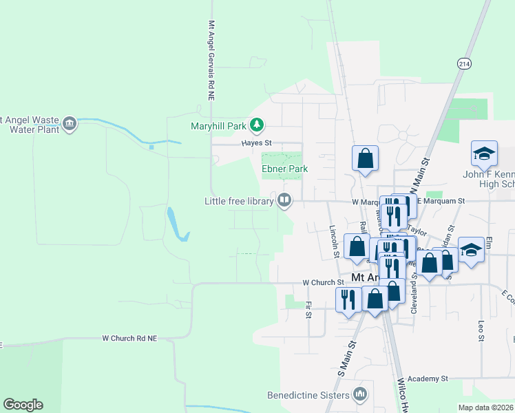 map of restaurants, bars, coffee shops, grocery stores, and more near 925 Paul Street in Mount Angel