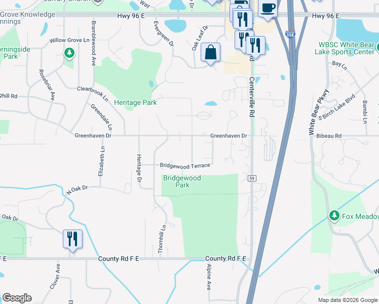 map of restaurants, bars, coffee shops, grocery stores, and more near 4297 Evergreen Drive in Vadnais Heights